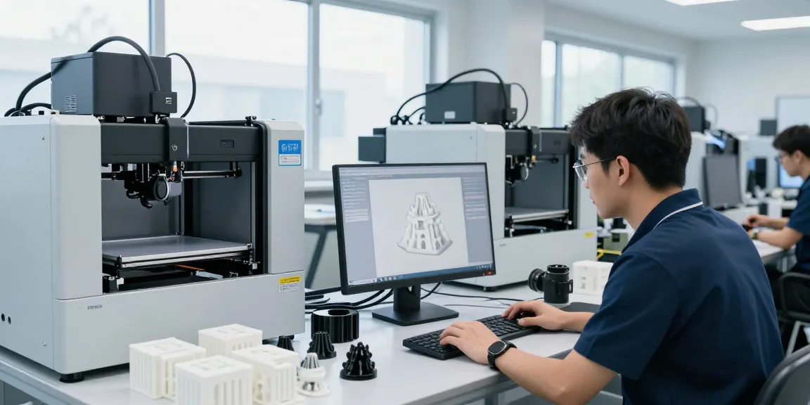 3D Druck B2B in fortschrittlicher Fertigungsumgebung mit Techniker und 3D-Druckern.