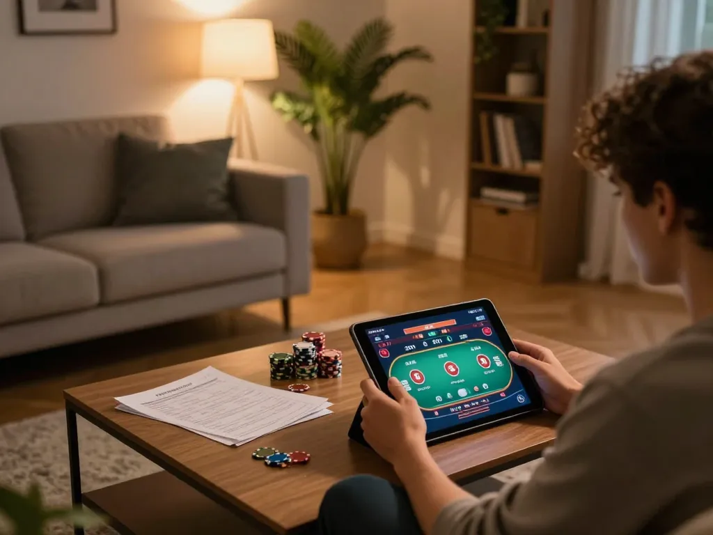 Person engaged in online gaming at home with SC88 tablet interface and strategy notes.