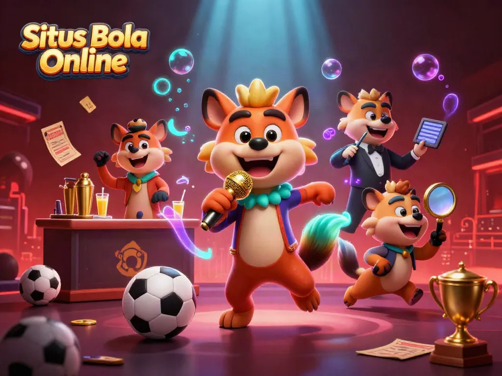 Experience thrilling sports betting at Situs Bola Online with lively characters in a vibrant casino atmosphere.