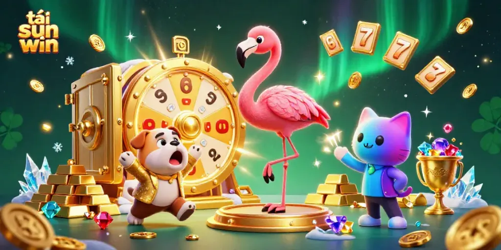 Exciting scene depicting tải sun win with a game show host, contestant, and scoreboard, surrounded by rich casino elements.
