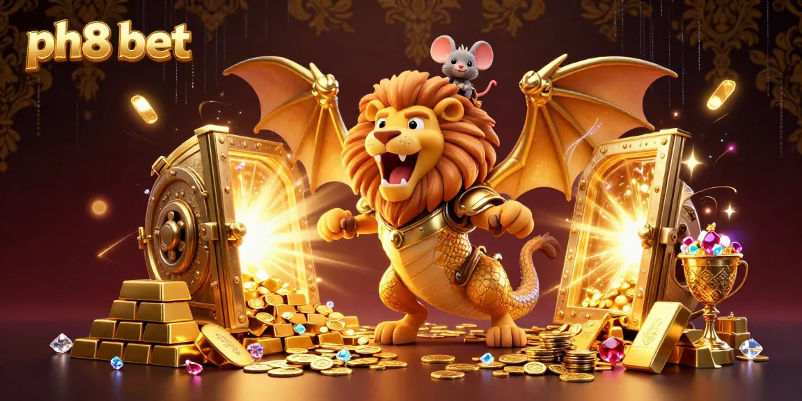 Experience the excitement of ph8 bet with a golden chimera and treasures in a vibrant 3D scene.