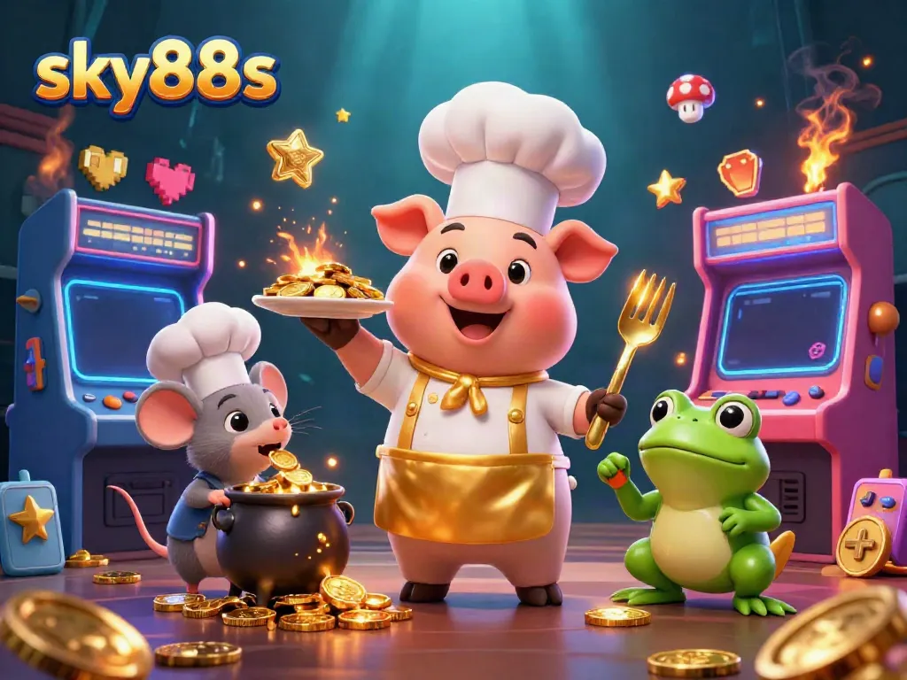 Experience thrilling moments at sky88s with vibrant casino-themed graphics featuring gold coins and lively characters.