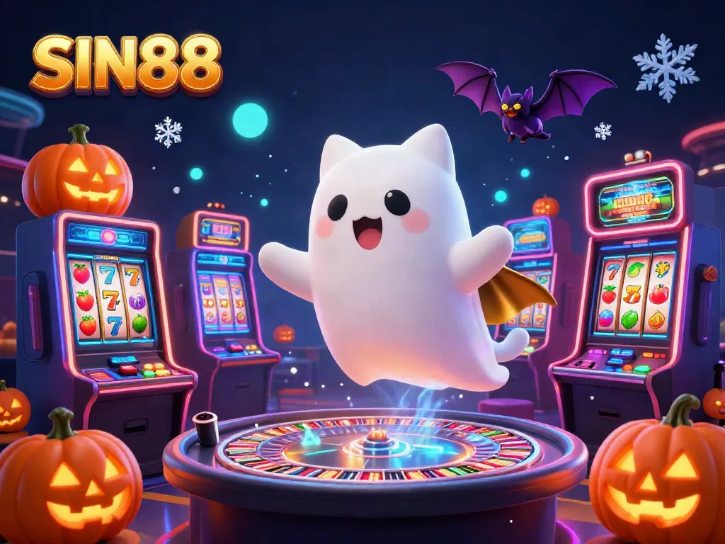 SIN88 showcases a lively casino scene with a friendly ghost cat and vibrant gaming elements.