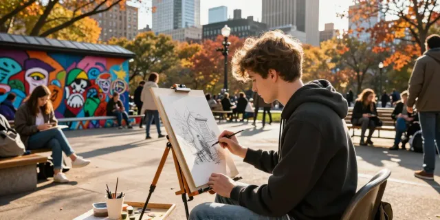 Young artist capturing the rokok88 link in dynamic urban park scene.