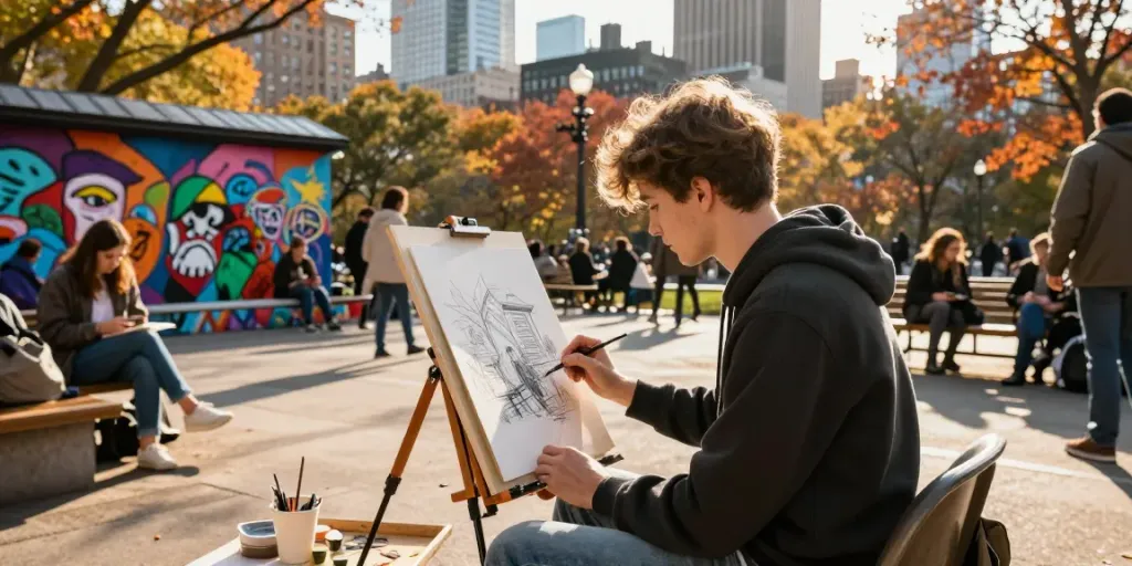 Young artist capturing the rokok88 link in dynamic urban park scene.