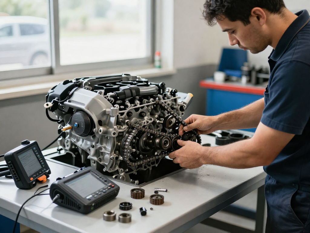 Professionelle BMW Werkstatt Hannover mit Mechaniker, der den Steuerkettenwechsel durchführt.