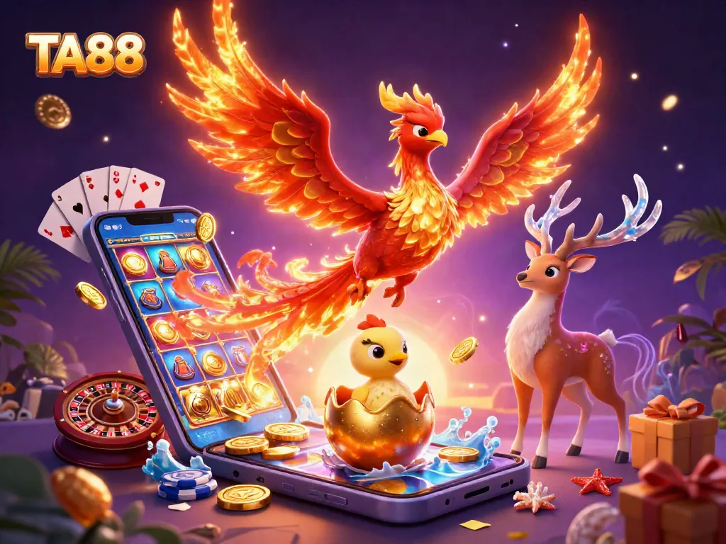 Experience epic gaming with TA88's vibrant 3D phoenix and casino elements in an illustrated scene.