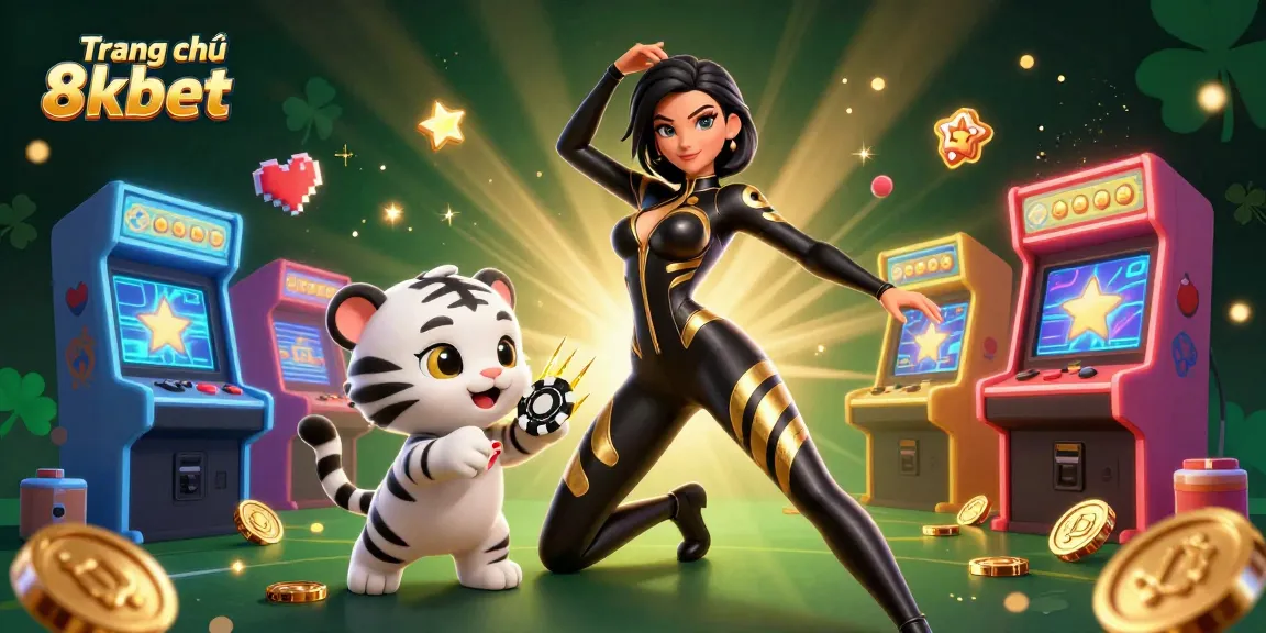 Join the excitement at Trang chủ 8kbet, featuring vibrant characters and gaming elements in a rich casino setting.