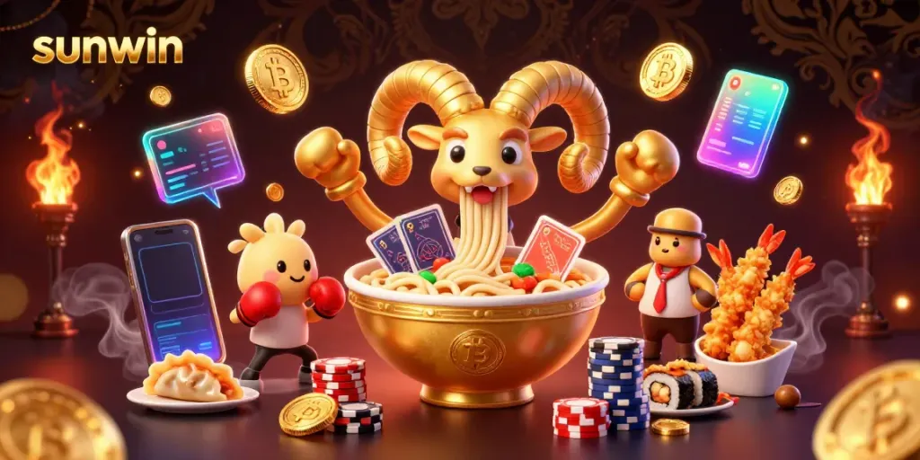 Experience an exciting gaming atmosphere as sunwin engages players with a vibrant scene of animated characters and floating crypto symbols.