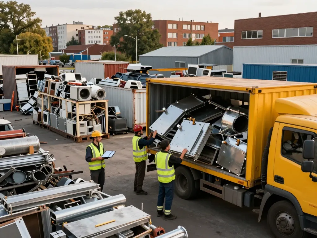 Effizientes Schrottabholung-Team lädt Metallabfälle in einen Lastwagen in urbaner Umgebung.