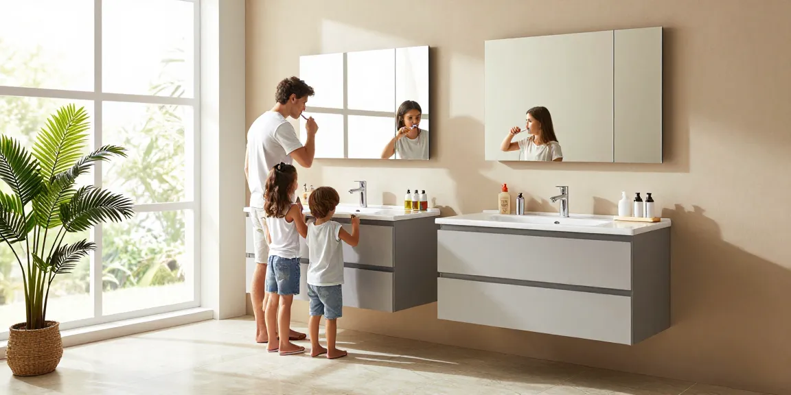 Elegant badkamermeubel 180 cm weergegeven in een moderne gezinsbadkamer met natuurlijk licht.