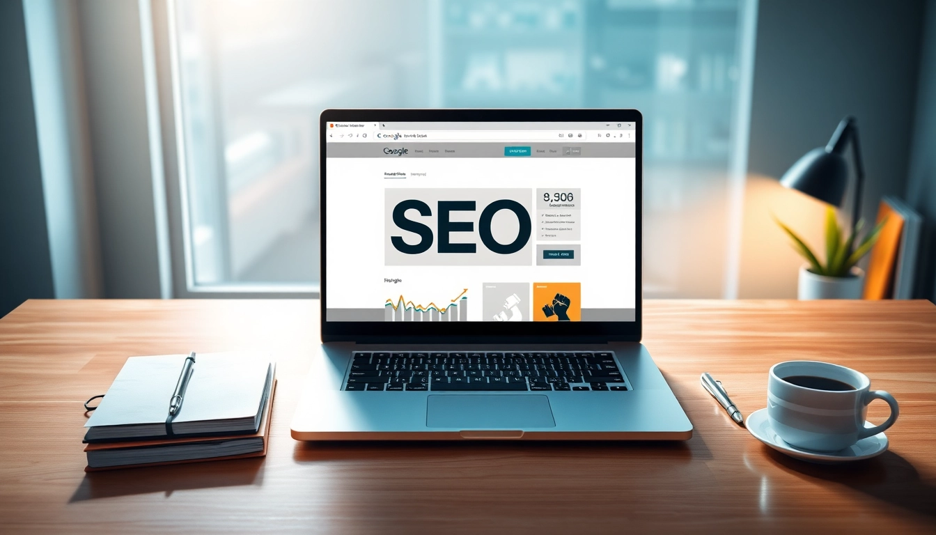 Visualisierung des SEO-Rankings: Steigende Grafik über einem Laptop, der eine optimierte Webseite anzeigt.