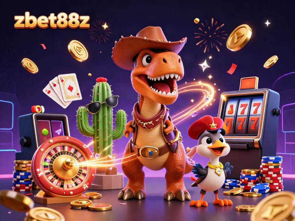 Experience thrilling gaming action with zbet88z and festive casino elements in a vibrant 3D illustration.