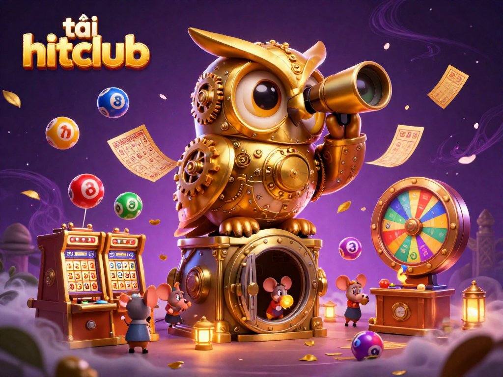 Experience the thrill of tải hitclub as the golden owl scans a vibrant casino floor amidst dynamic elements.