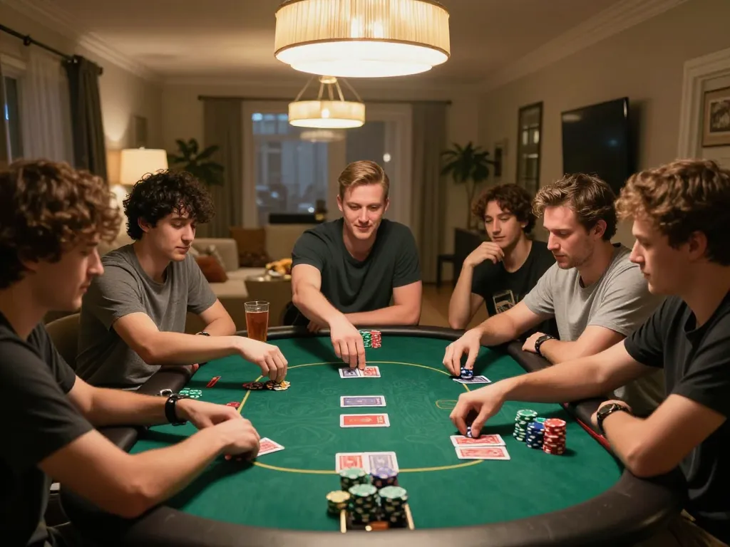 99win players enjoying a lively poker night with friends, showcasing chips and cards in action