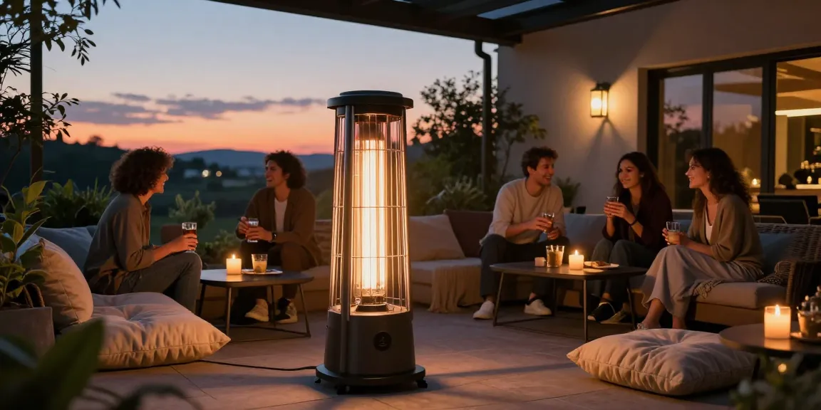 Zusammenkunft mit Freunden rund um einen Infrarot Heizstrahler auf einer gemütlichen Terrasse.