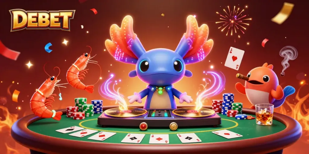 Engaging DEBET scene with an axolotl DJ, poker elements, and vibrant underwater party vibes.