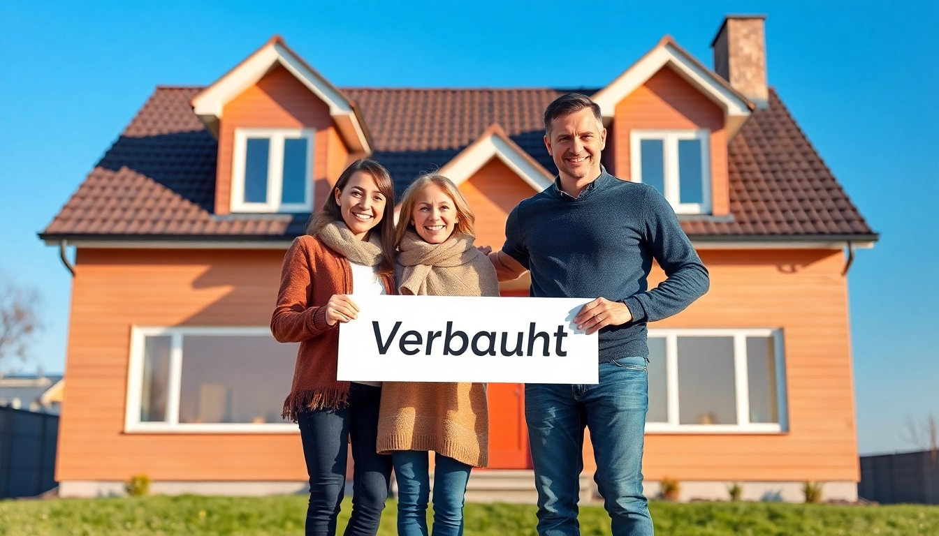 Familie feiert ihren erfolgreichen Hauskauf vor ihrem neuen Zuhause mit einem "Verkauft"-Schild.