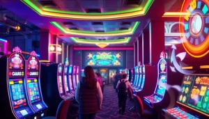 Erleben Sie die spannende Atmosphäre im besten online casino schweiz mit leuchtenden Spielautomaten und glücklichen Spielern.