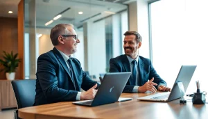 Headhunter berät einen Kandidaten in modernem Büro mit Akten und Laptop.