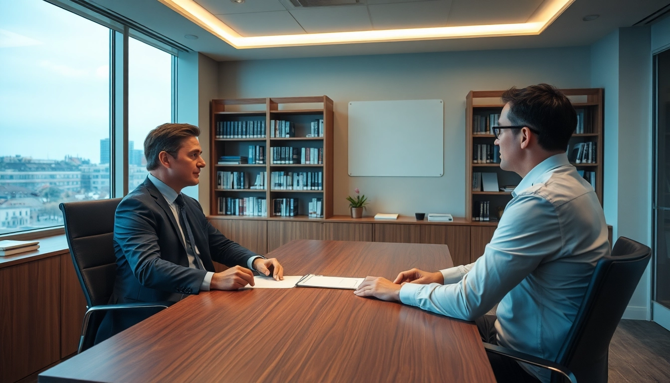 Headhunter Karlsruhe führt ein engagiertes Interview in einer modernen Büroumgebung.