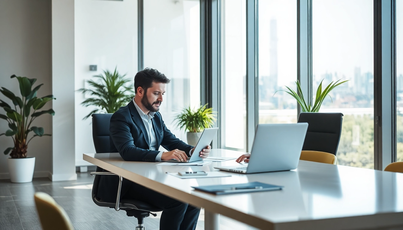 Professioneller Headhunter Hannover bei der Arbeit im modernen Büro, umgeben von Lebensläufen.