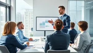 Headhunter Geschäftsführer präsentiert vor einem Team in einem modernen Büro.