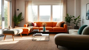 Raumgestaltung in einem modernen Wohnzimmer mit eleganten Möbeln und warmem Licht.