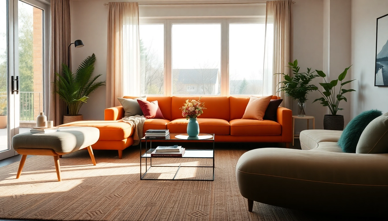 Raumgestaltung in einem modernen Wohnzimmer mit eleganten Möbeln und warmem Licht.