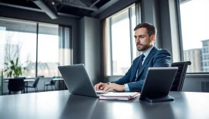 Headhunter Köln aktiv in einem modernen Büro, umgeben von Notizen und einem Laptop, der eine professionelle Atmosphäre zeigt.