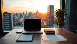 Professioneller Schreibtisch im Büro von Headhunter Mannheim mit Stadtansicht