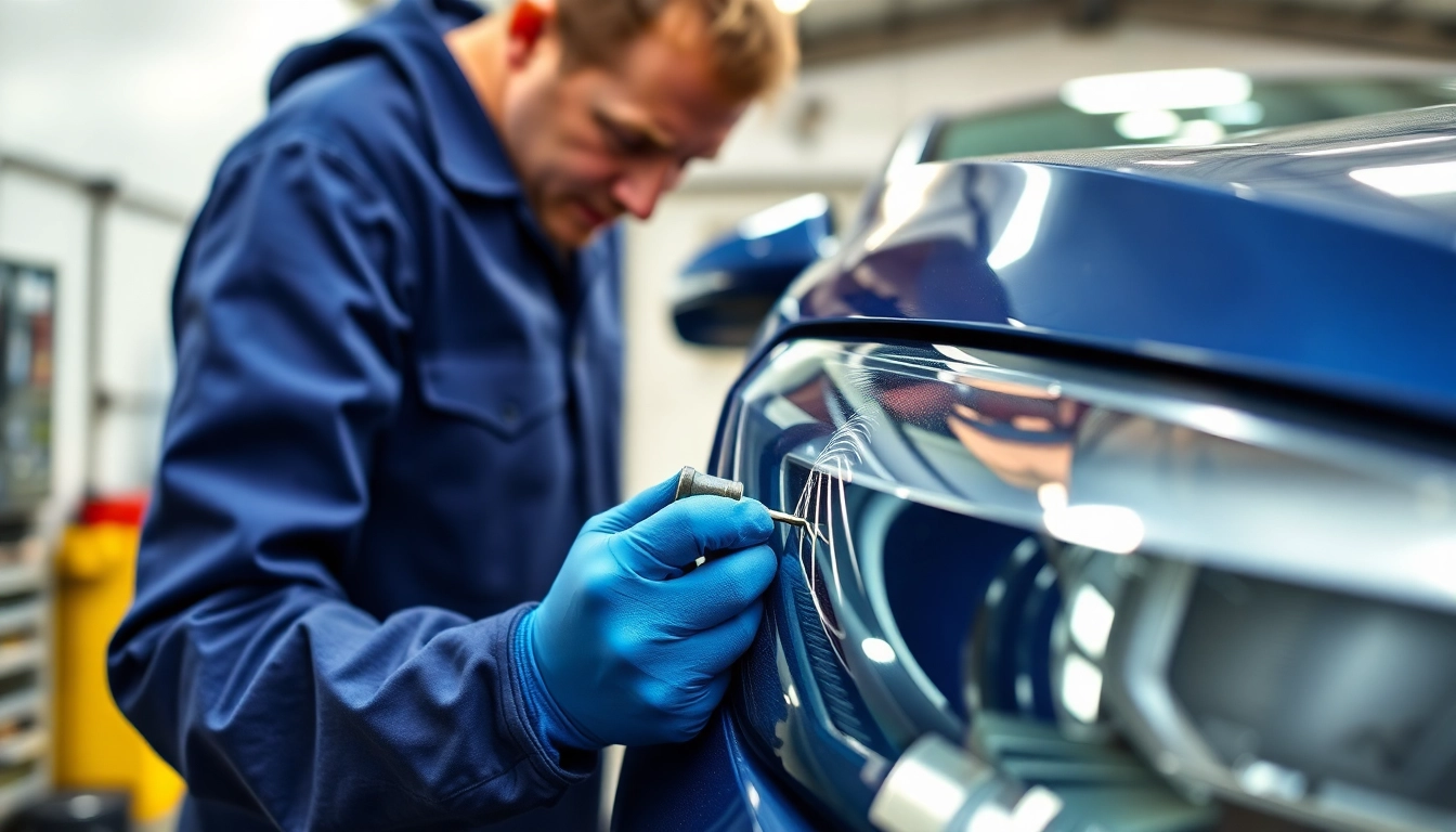 Lackschaden Reparatur München: Techniker repariert Fahrzeuglack in einer hellen, professionellen Werkstatt.