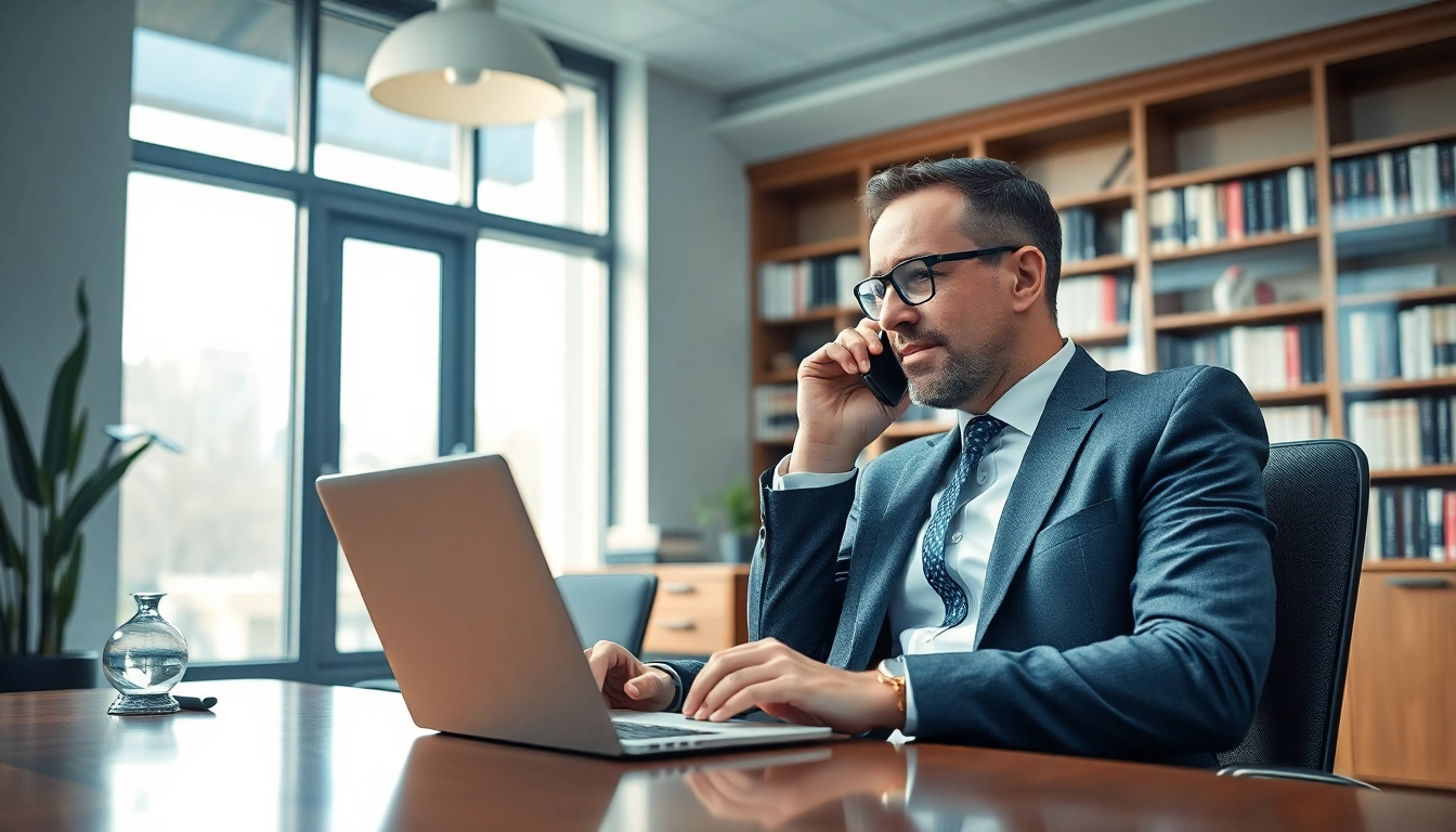 Headhunter CEO bei der Arbeit in modernem Büro, telefoniert mit Bewerber.