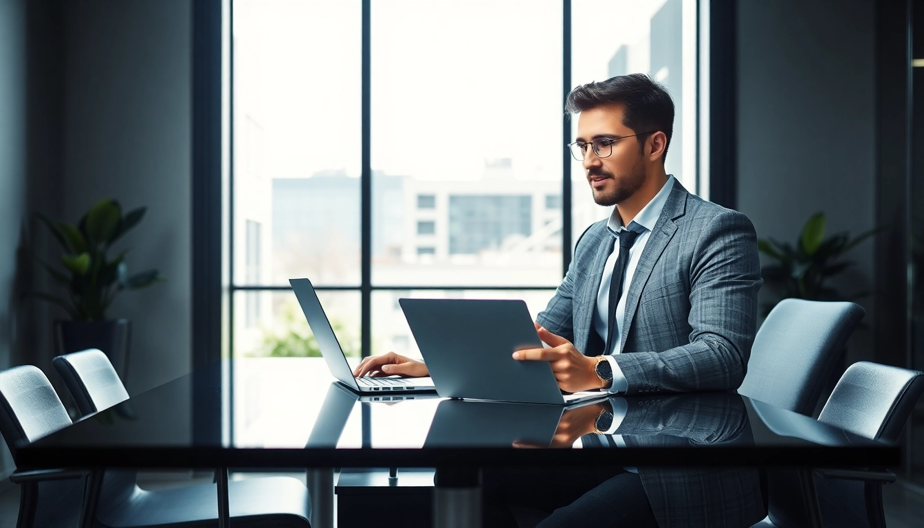 Headhunter Ingenieure wirkt engagiert am Schreibtisch mit Laptop in modernem Büro.