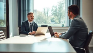 Headhunter Monchengladbach vermittelt Fachkräfte in einem modernen Büro, während er mit einem Kandidaten spricht.