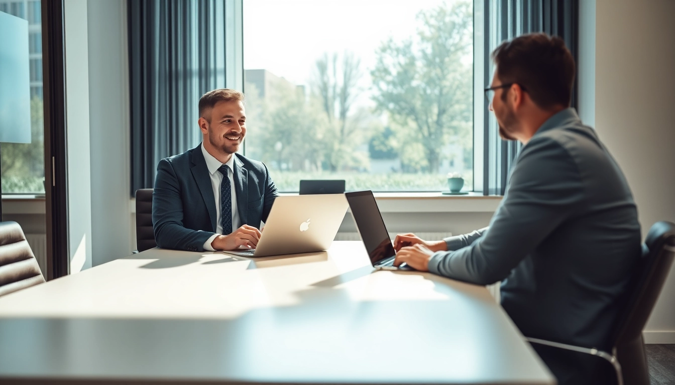 Headhunter Monchengladbach vermittelt Fachkräfte in einem modernen Büro, während er mit einem Kandidaten spricht.