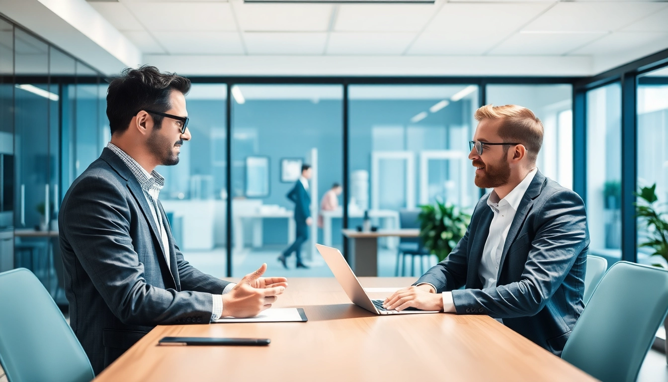 Headhunter IT führt ein professionelles Gespräch mit einem Kandidaten im modernem Büro.
