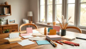 Kreatives Setting mit bunten Materialien für Karten gestalten Schweiz.