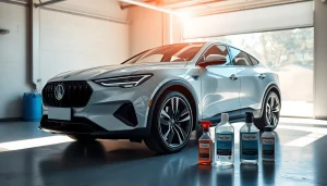 Verwende hochwertige Detailing Produkte zur professionellen Fahrzeugpflege, dargestellt durch ein glänzendes Auto mit Reinigungsmitteln im Vordergrund.
