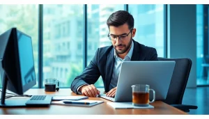 Headhunter IT analysiert Bewerbungsprofile an modernem Arbeitsplatz.