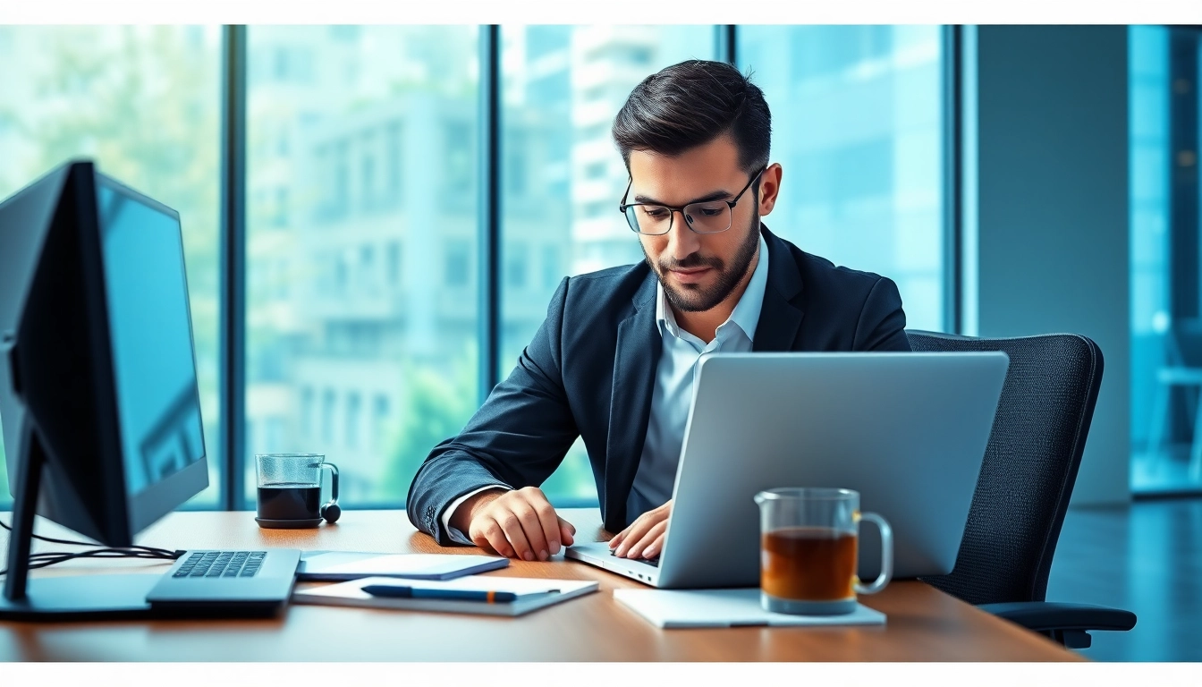 Headhunter IT analysiert Bewerbungsprofile an modernem Arbeitsplatz.