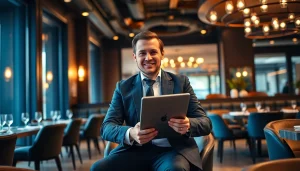 Headhunter Gastronomie in einer stilvollen Restaurantumgebung, ausgestattet mit Laptop und Notizen, vermittelt Professionalität.
