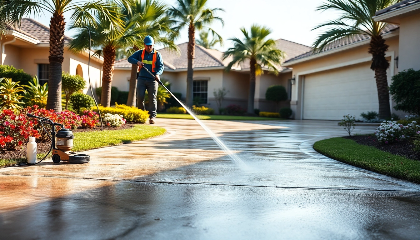Driveway pressure wash service cleaning dirt and stains in Kissimmee neighborhood.