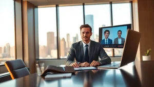 Headhunter Schweiz im modernen Büro bei einem Videoanruf mit einem Kandidaten.