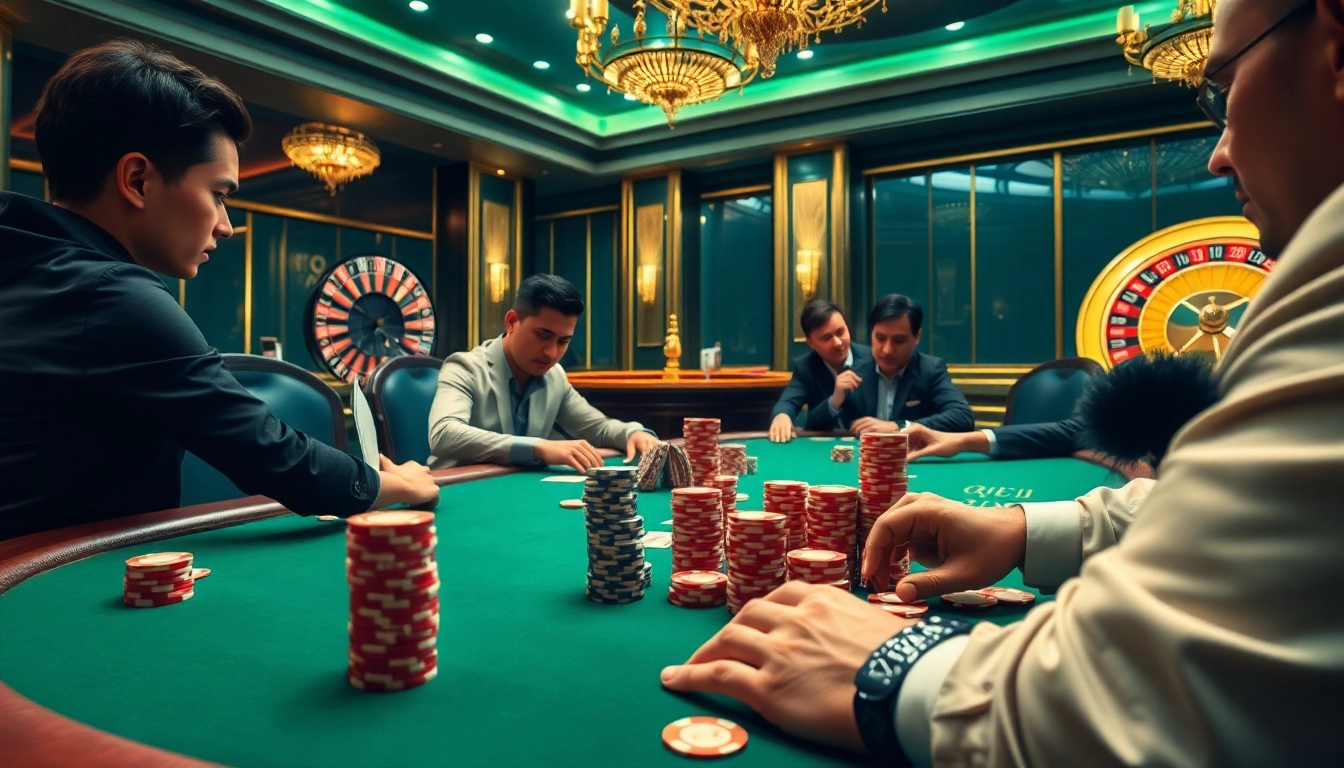 Exciting poker game scene at qh88 casino showcasing high-stakes gambling action.