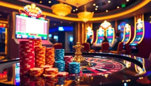 Engage with thrilling kèo nhà cái betting action at a luxurious casino with vibrant slot machines and poker chips.