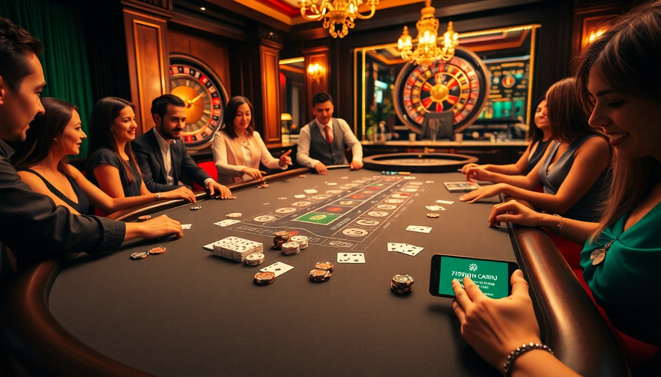 The excitement of a casino environment featuring poker chips and playing cards with https://789winjj.com/ showcased on a smartphone.