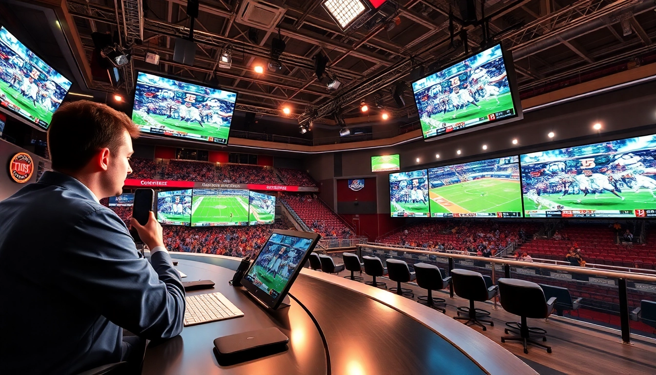 Sports Broadcasting announcer in a professional studio with dynamic visuals and bright lighting.