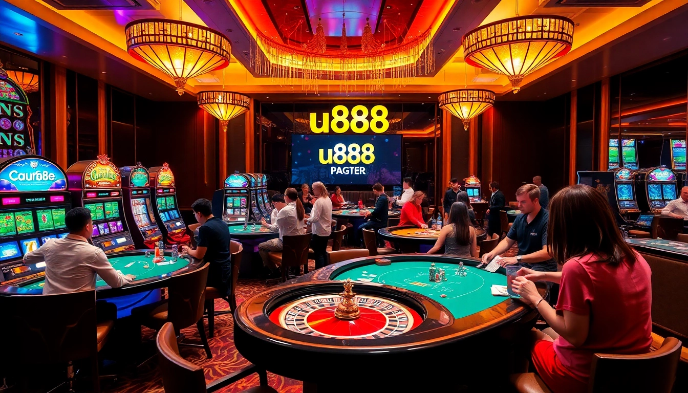 Exciting casino scene showcasing u888 page with players at poker and roulette tables.