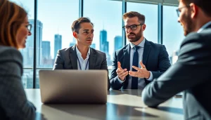 Headhunter in discussion at a modern office with city view.